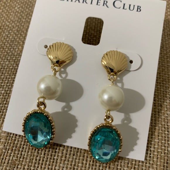 Charter Club Goldtone /Pearl/Aqua Earrings - Picture 9 of 9